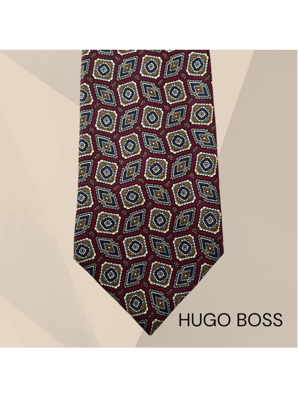 Hugo Boss HANDMADE Silk Tie Burgundy Gold Blue Geometric Pattern